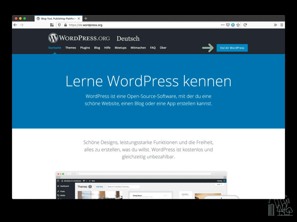 Startseite von de.wordpress.org mit einer Markierung auf "Hol dir WordPress"