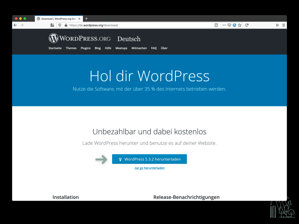 Screenshot der de.wordpress.org/download Webseite mit einer Markierung auf den Download Button von dem WordPress