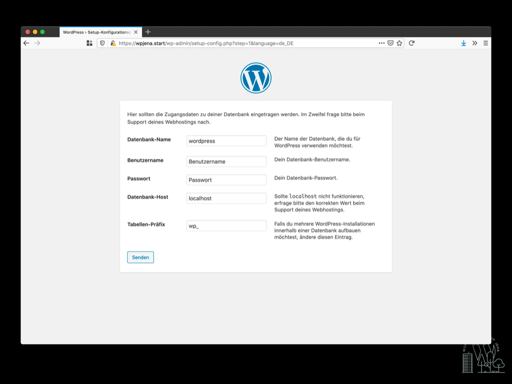 Zweite Setup Seite vom WordPress Installer. Hier wird die Datenbank eingerichtet.