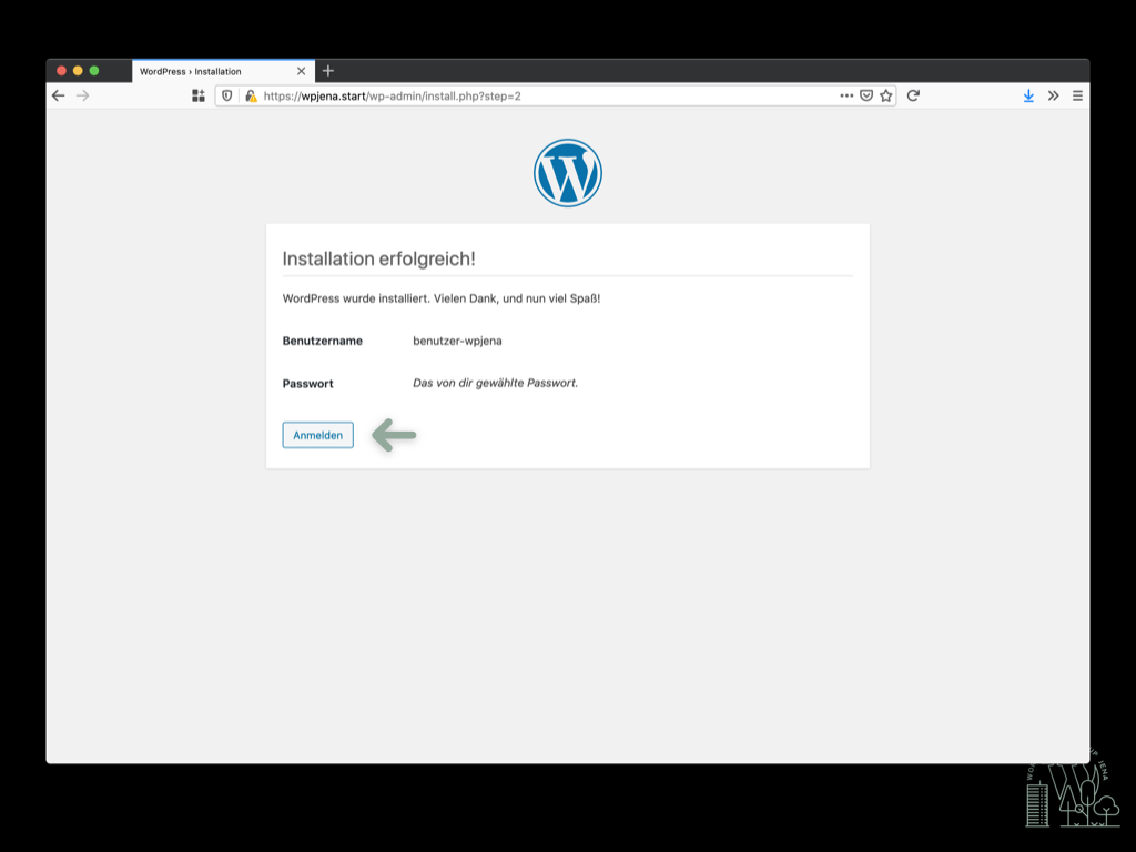 WordPress Installation war erfolgreich. Jetzt kannst du dich im WordPress Backend anmelden.